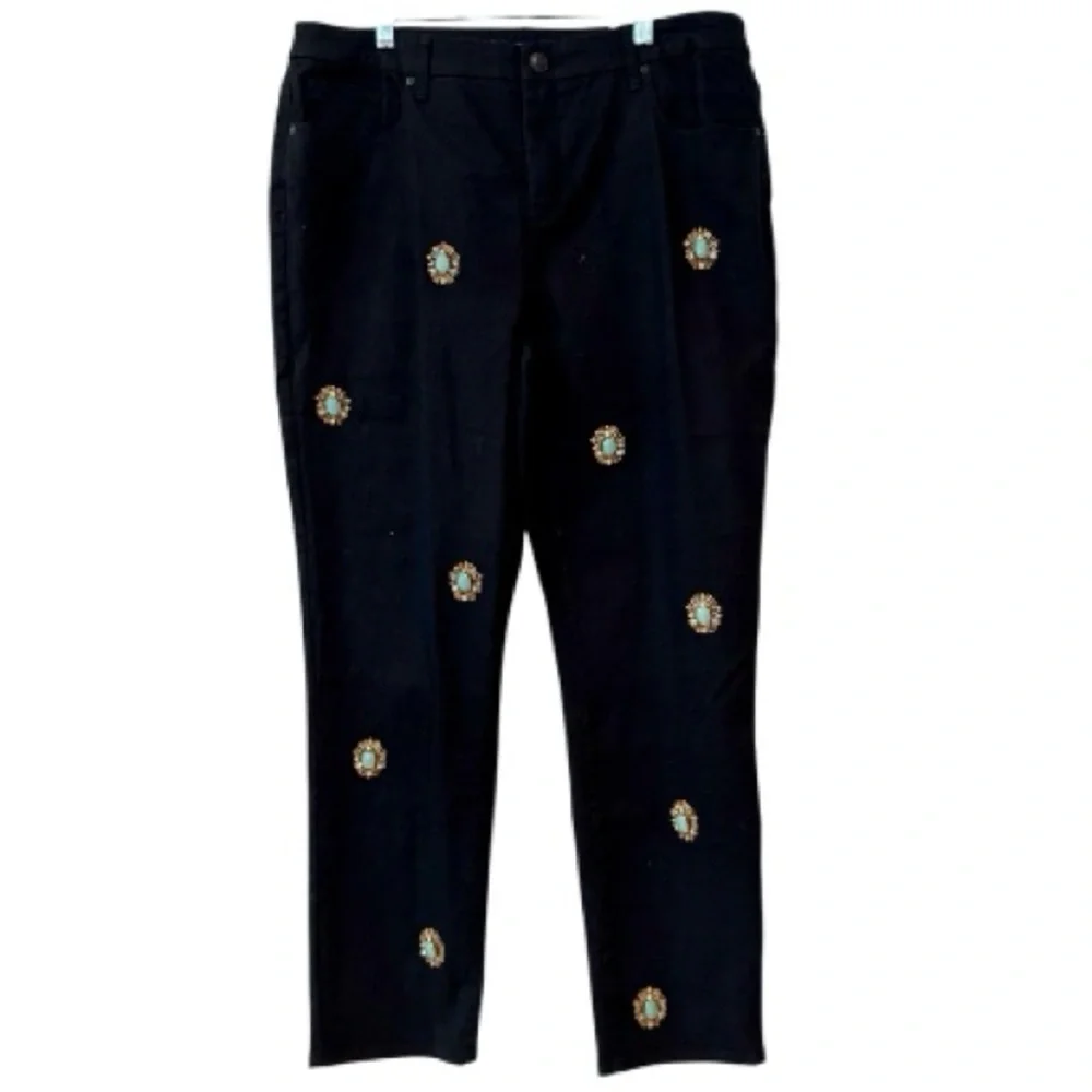 🆕 Chico's so slimming slim leg ankle black jeans turquoise medallion *NWT* $129 - Picture 2 of 11